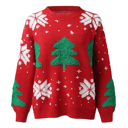 Festive Women’s Christmas Sweater - Green Tree Snowflake Knit