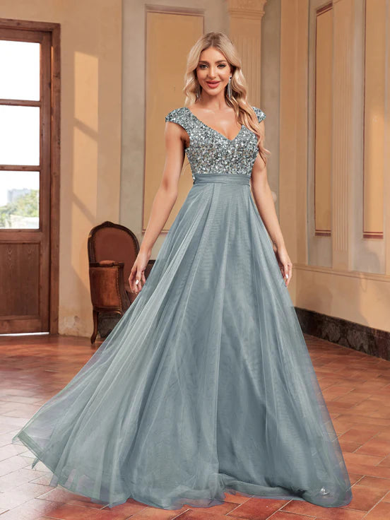 Evening Dress with Sequins - Women’s Maxi Dress