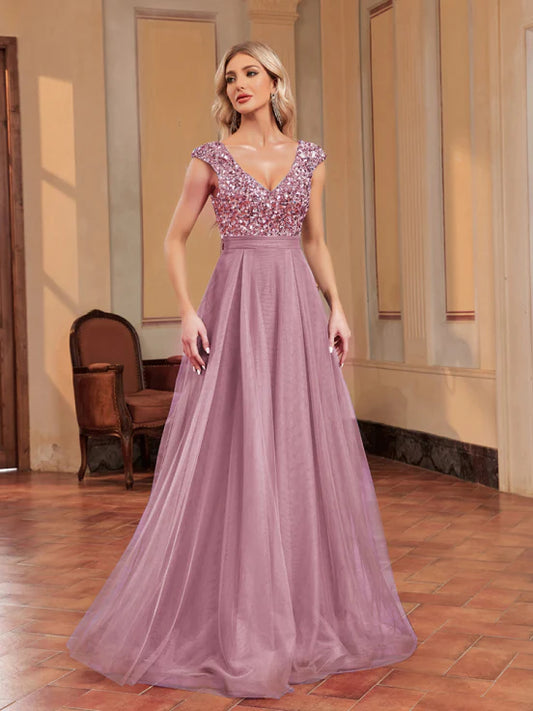 Evening Dress with Sequins - Women’s Maxi Dress