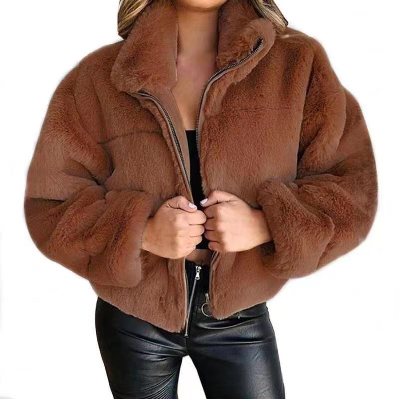 Women’s faux fur coat - oversized fit mid length with zip front and high collar