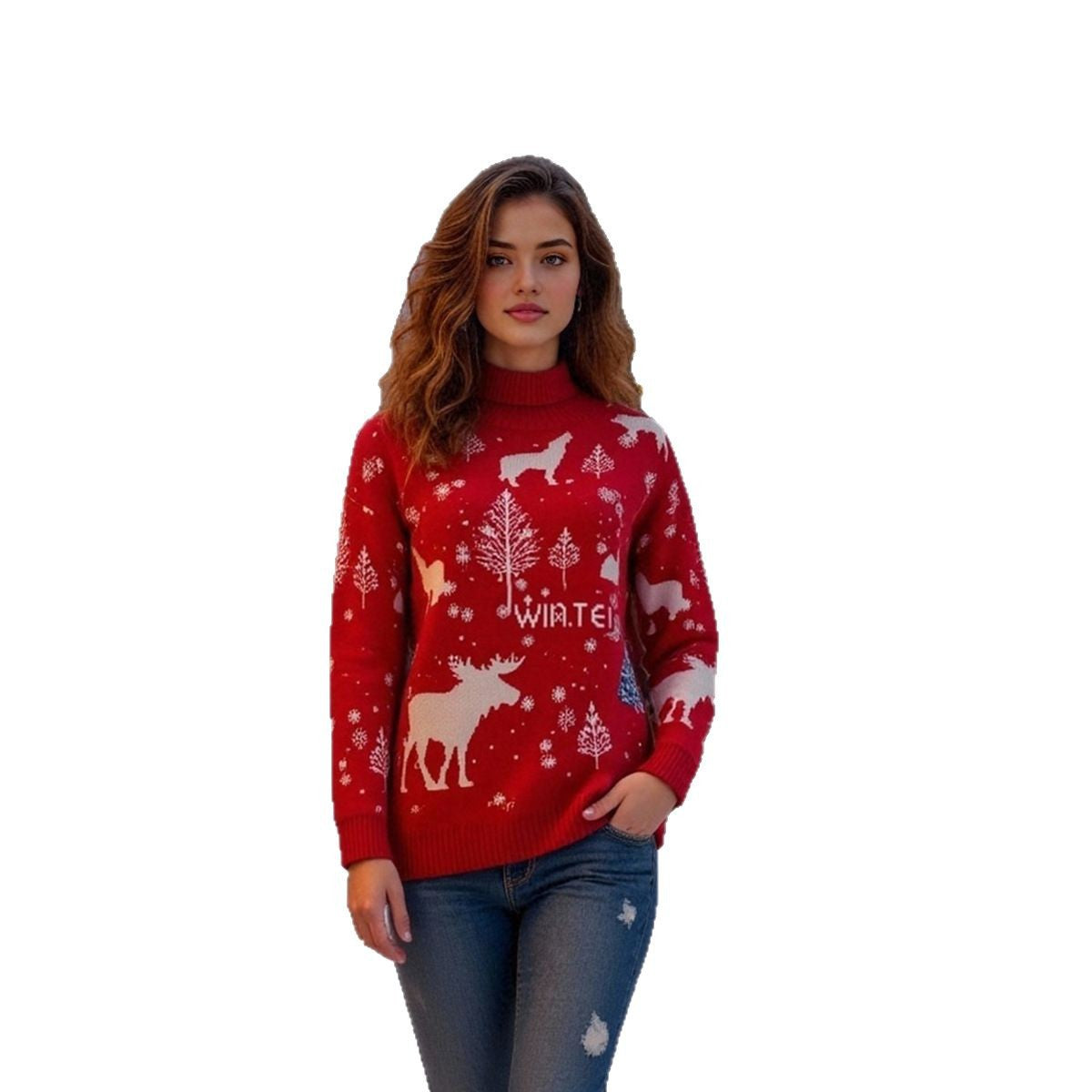 Women’s Christmas Turtleneck Sweater - Reindeer Design