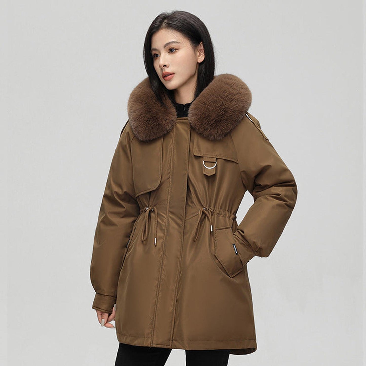 Women’s parka jacket - oversized fit with faux fur hood, mid length and weather resistant