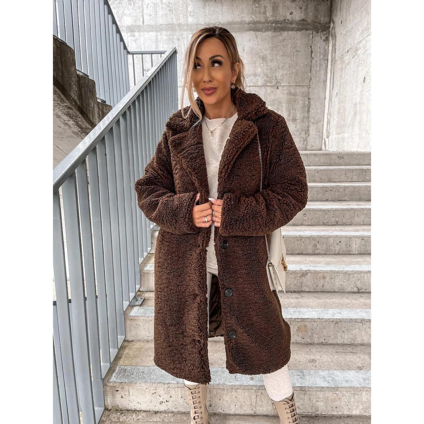 Women’s long coat - wool blend with oversized fit, lapel collar, button front and pockets