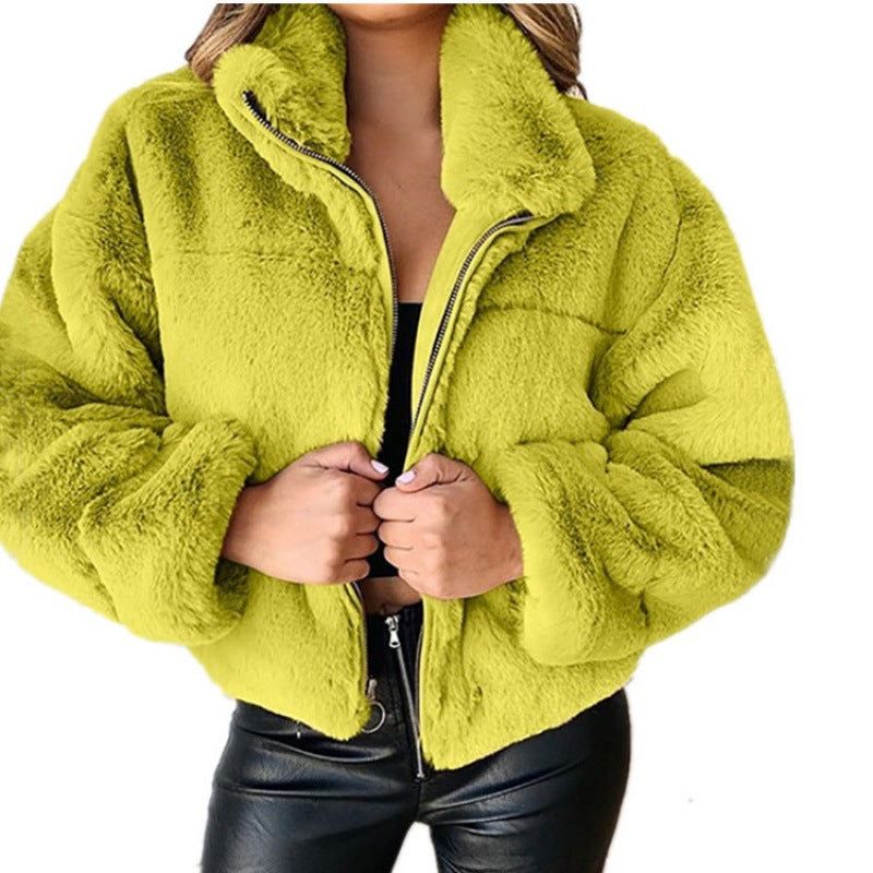 Women’s faux fur coat - oversized fit mid length with zip front and high collar