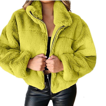 Faux Fur Coat Women Oversized Fit Mid Length Zip Front High Collar