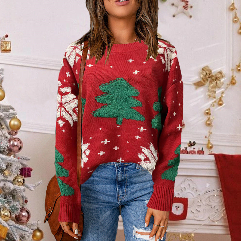 Festive Women’s Christmas Sweater - Green Tree Snowflake Knit