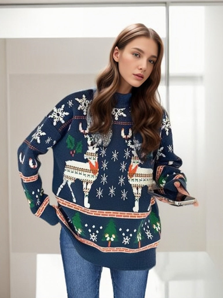 Women’s Christmas Sweater - Reindeer Snowflake Tree Print