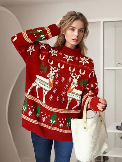 Women’s Christmas Sweater - Reindeer Snowflake Tree Print