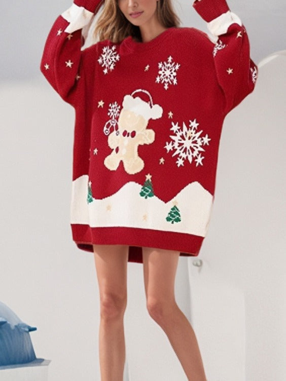 Oversized Christmas Sweater Women – Gingerbread Snowflake