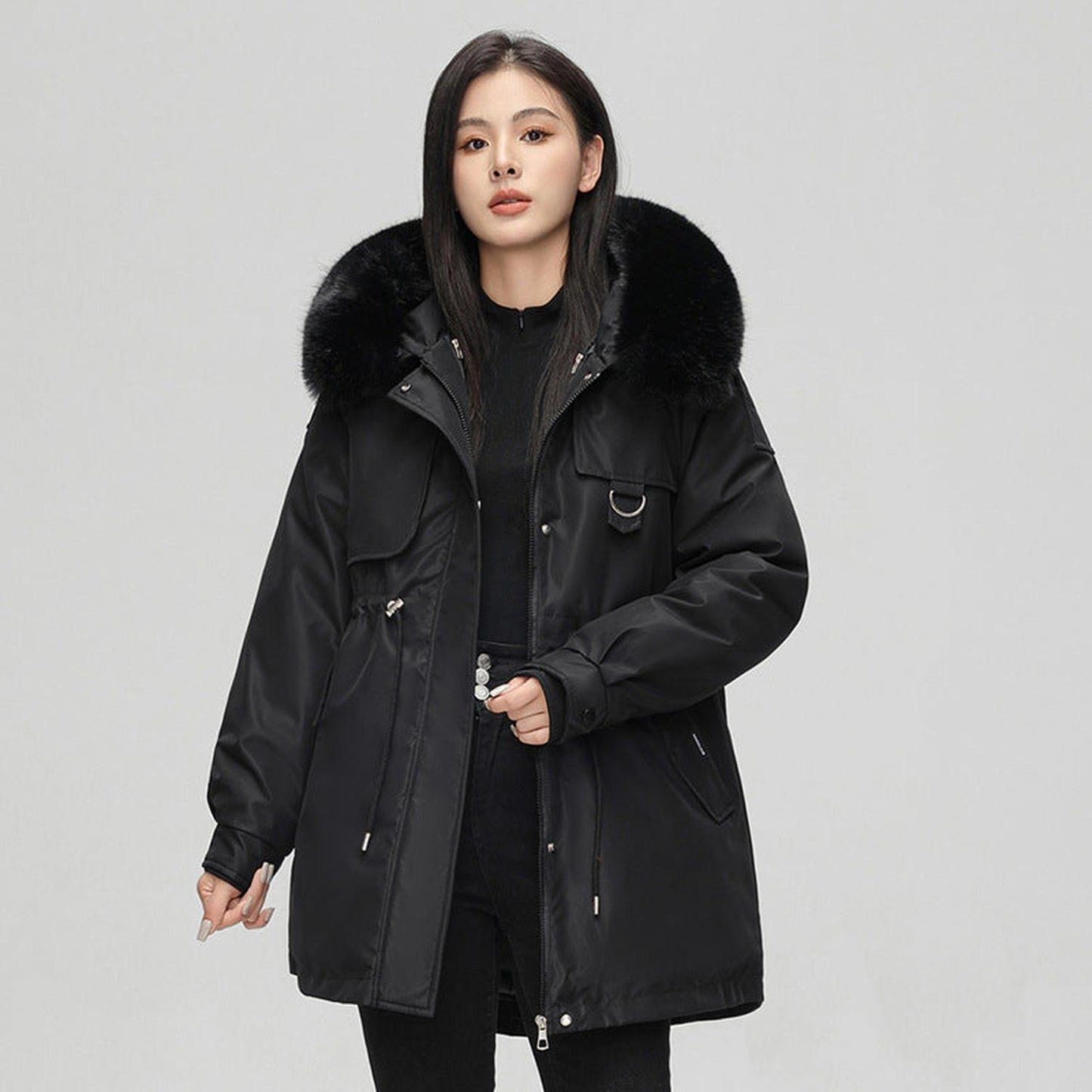 Women’s parka jacket - oversized fit with faux fur hood, mid length and weather resistant
