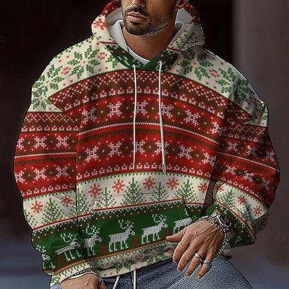 Men’s Christmas Hoodie - Reindeer & Snowflake, Long Sleeve