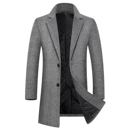 Overcoat Men Slim Fit Wool Blend Mid Length Plaid Pattern