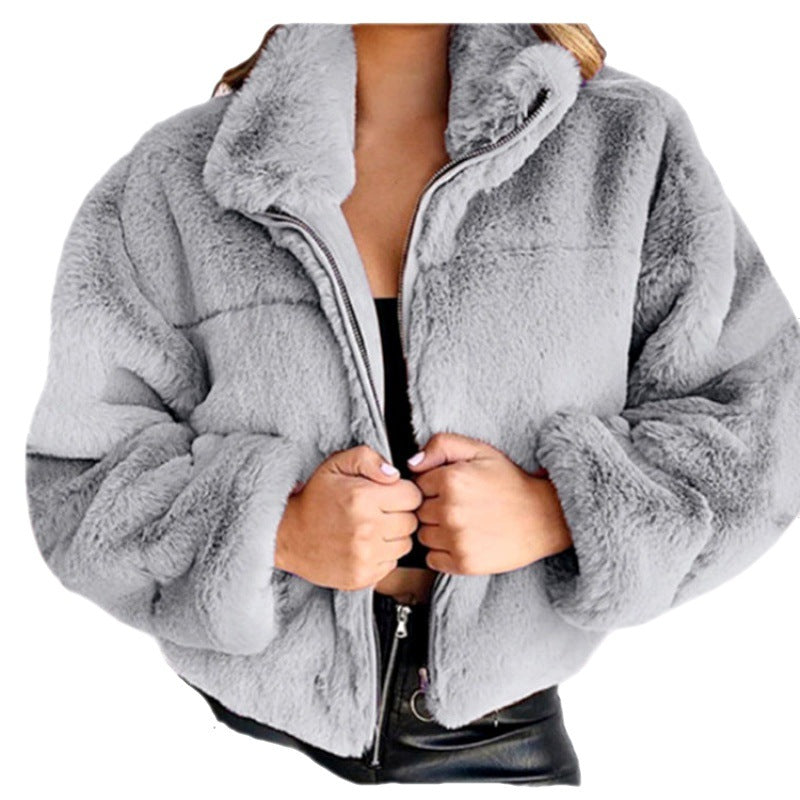 Women’s faux fur coat - oversized fit mid length with zip front and high collar