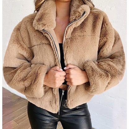 Faux Fur Coat Women Oversized Fit Mid Length Zip Front High Collar