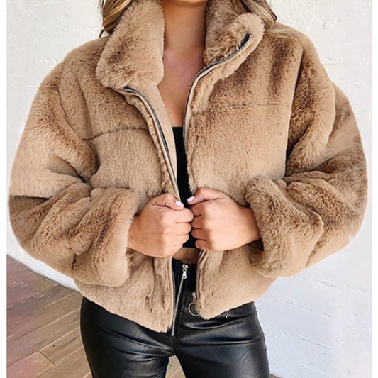 Women’s faux fur coat - oversized fit mid length with zip front and high collar