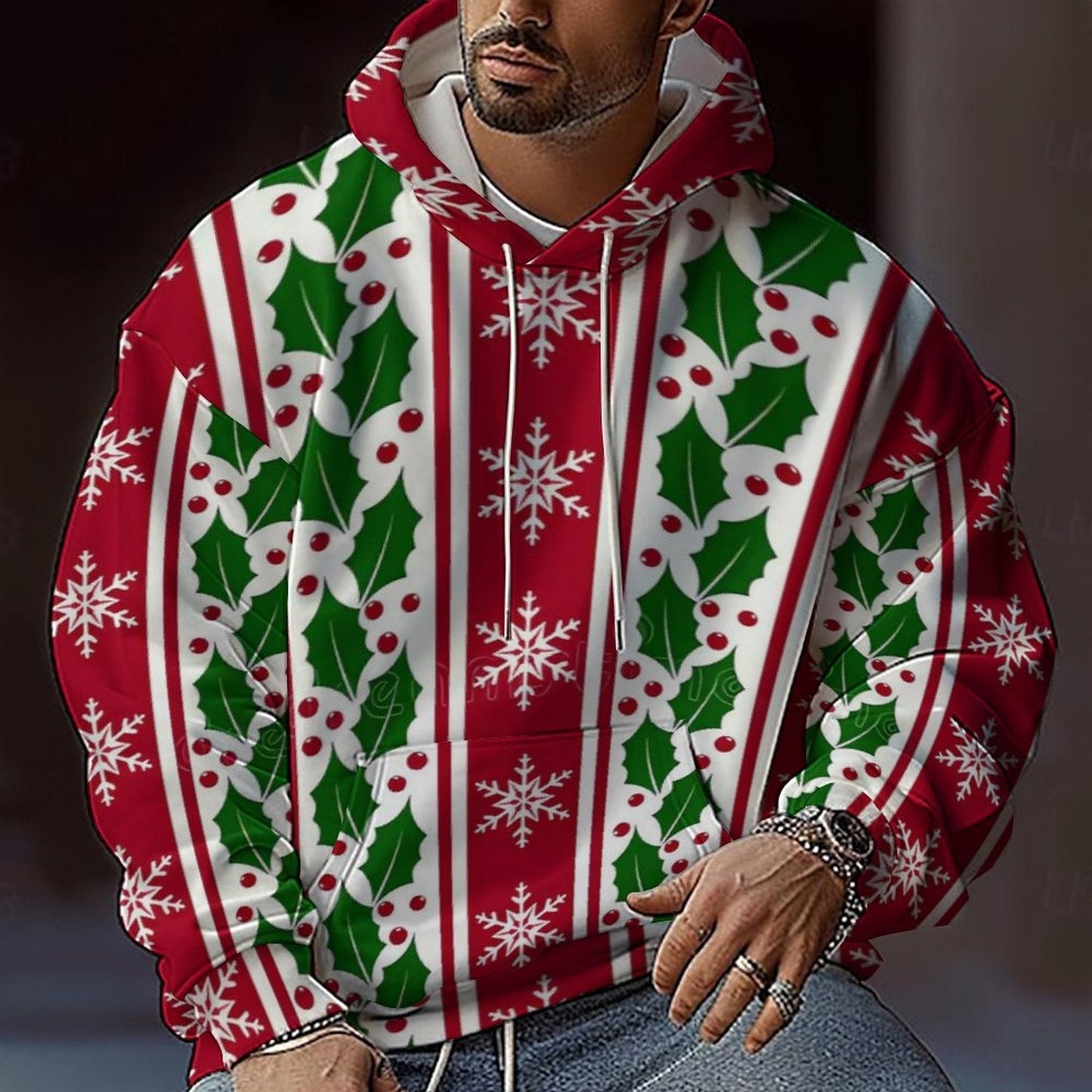 Men’s Christmas Hoodie - Reindeer & Snowflake, Long Sleeve