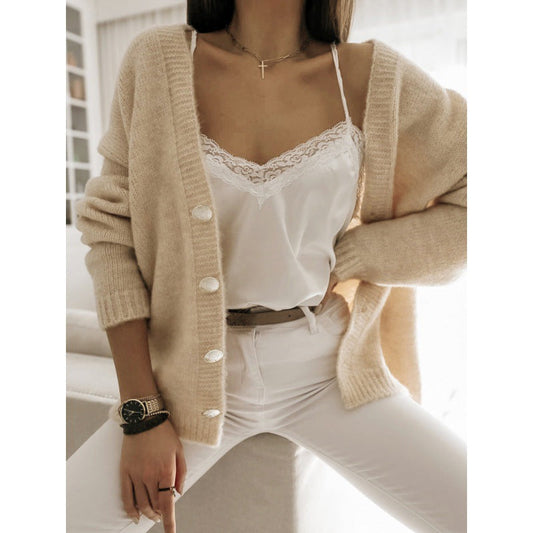 Women’s sweatshirt jacket - wool blend oversized fit with v-neck and button front