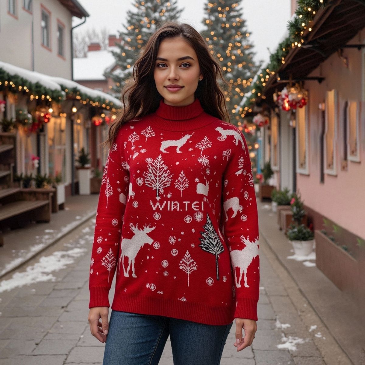 Women’s Christmas Turtleneck Sweater - Reindeer Design