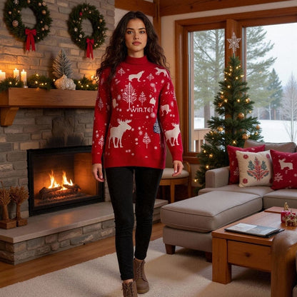Women’s Christmas Turtleneck Sweater - Reindeer Design
