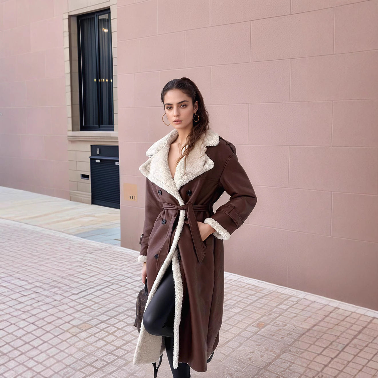 Women’s long leather coat - tailored fit with plush lining, wide lapels and button front