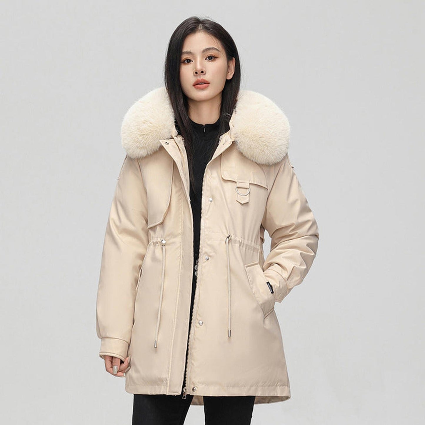 Women’s parka jacket - oversized fit with faux fur hood, mid length and weather resistant