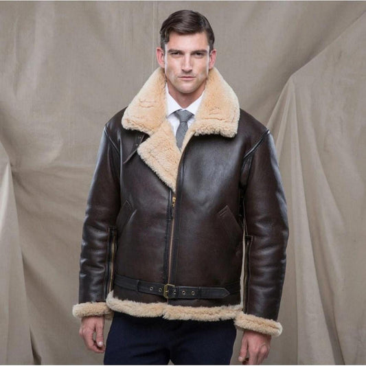Men’s fur coat - structured fit with leather look, plush trim, waist belt and zip closure