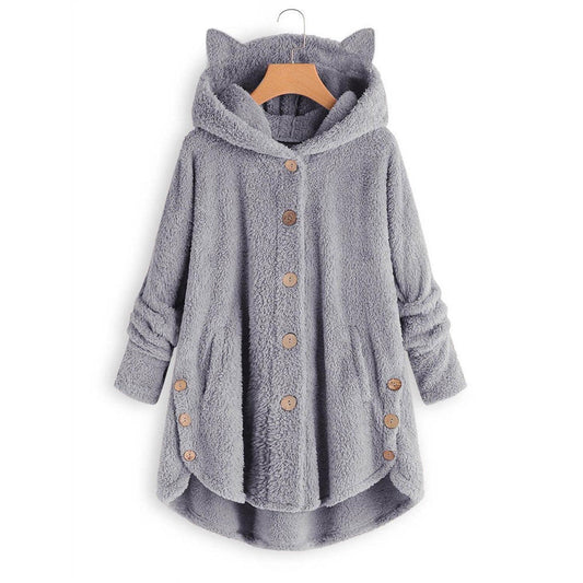 Women’s hooded coat - plush fabric with oversized fit, cat ear hood and button front