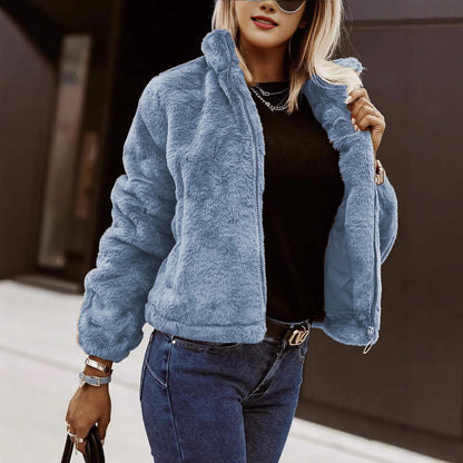 Faux Fur Coat Women Oversized Fit High Collar Zip Front Plush Texture