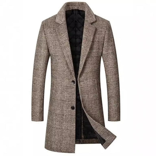 Men’s slim fit wool blend overcoat - mid length plaid pattern