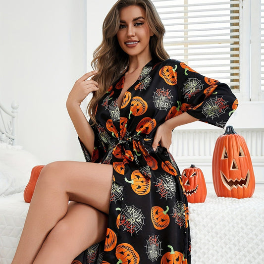 Women’s pumpkin print halloween robe - spooky costume design