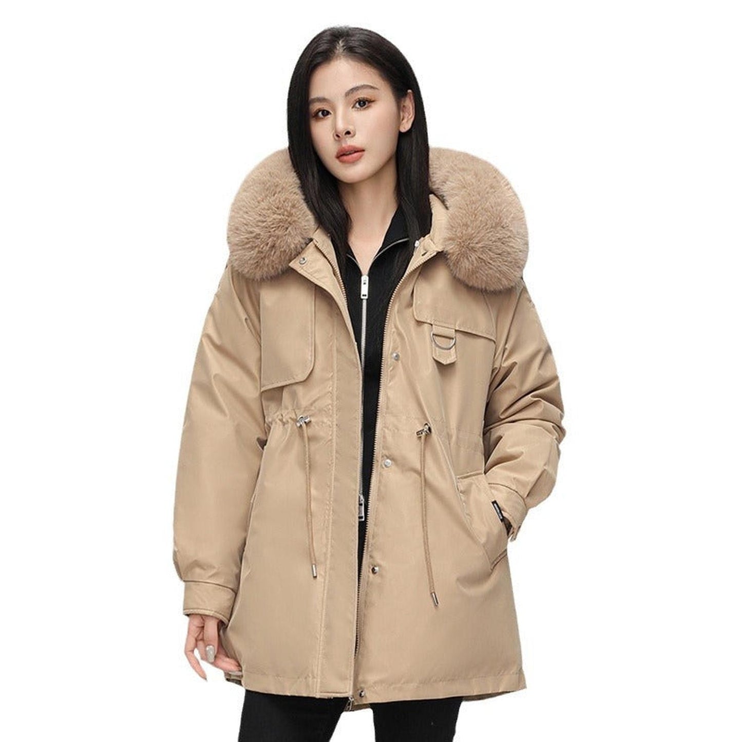 Women’s parka jacket - oversized fit with faux fur hood, mid length and weather resistant
