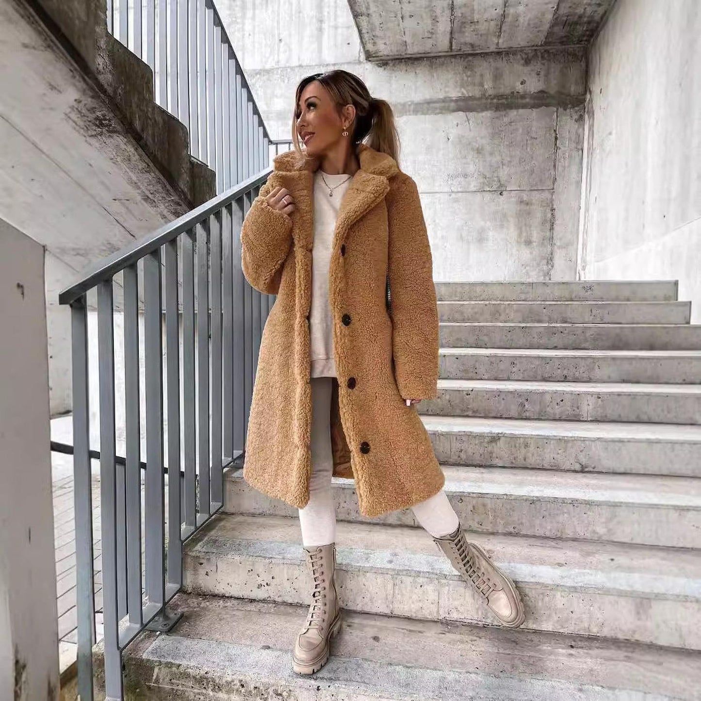 Women’s long coat - wool blend with oversized fit, lapel collar, button front and pockets