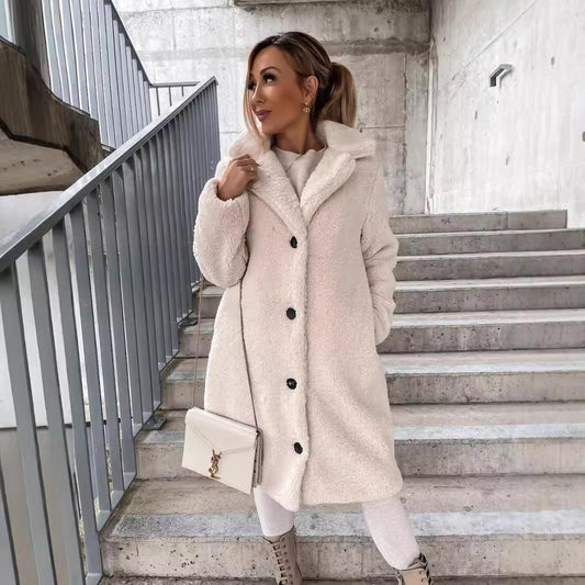 Women’s long coat - wool blend with oversized fit, lapel collar, button front and pockets