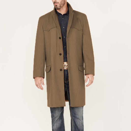 Men’s overcoat - tailored fit wool blend with notched lapel and flap pockets - knee length