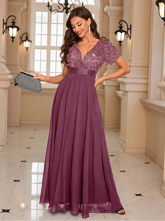 Women’s Sequin V-Neck Maxi Dress - Flared Christmas