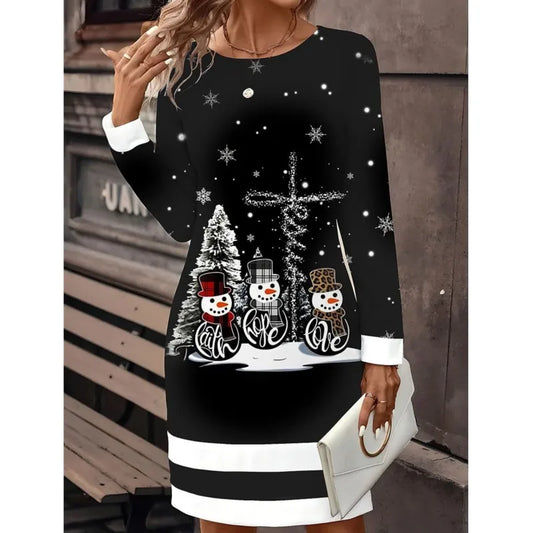 Snowman Print Christmas Dress Women – Mini Winter Style