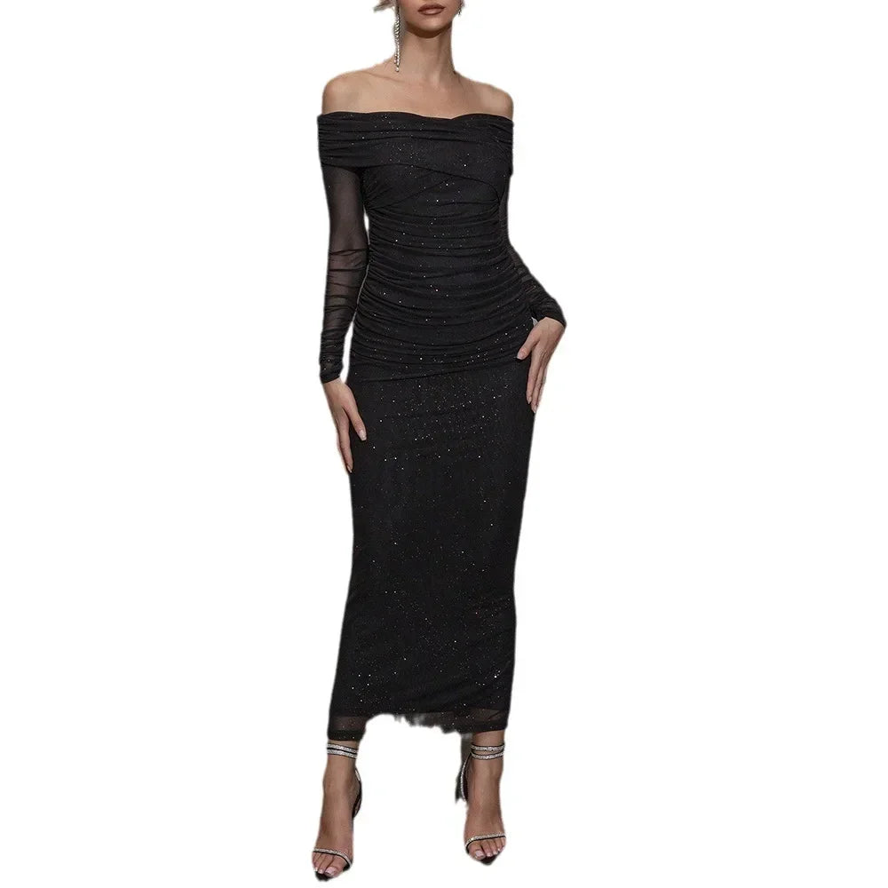 Women's Off-Shoulder Maxi Dress - Long Sleeve Evening Dress