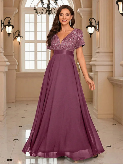 Women’s Sequin V-Neck Maxi Dress - Flared Christmas