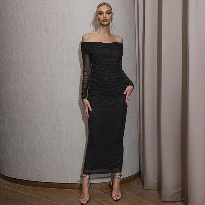 Women's Off-Shoulder Maxi Dress - Long Sleeve Evening Dress