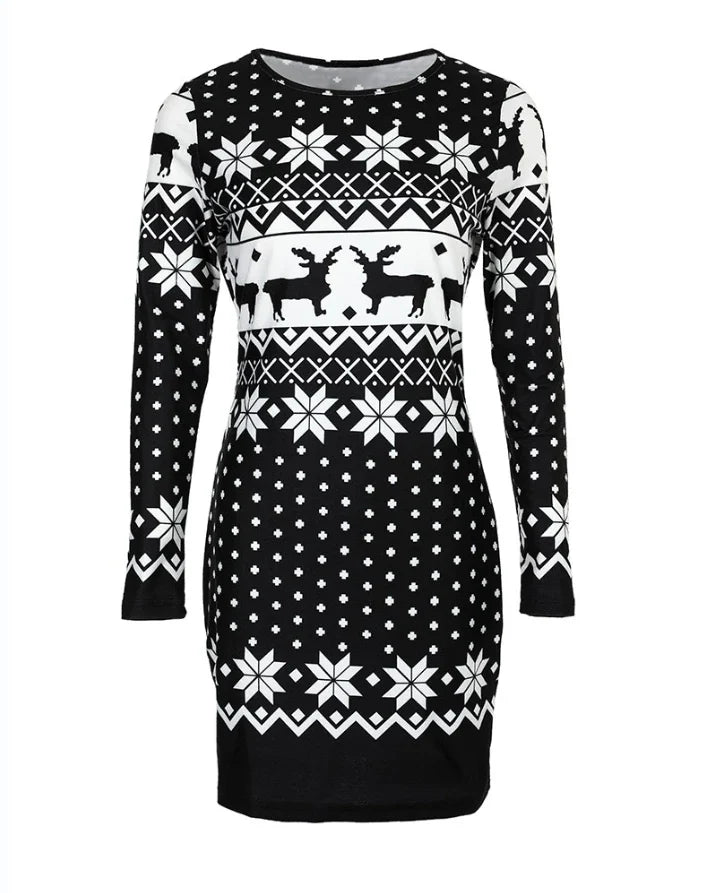 Casual Warm Christmas Midi Dress for Women - Long Sleeve