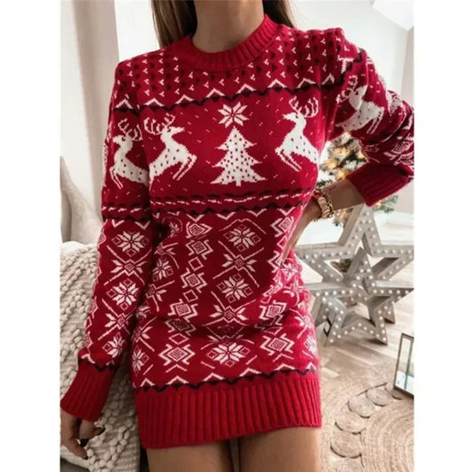 Knitted Christmas Dress with Reindeer and Snowflakes