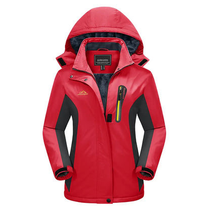 Red jacket with black accents on a white background