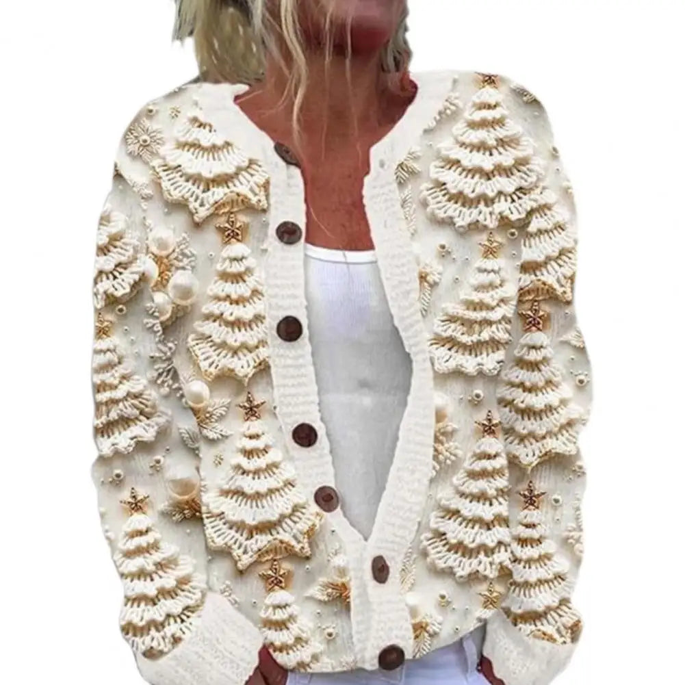 Festive Women’s Christmas Cardigan - Button-Up, Long Sleeve