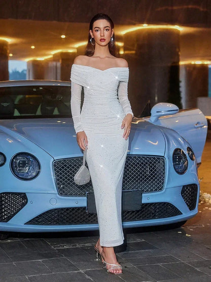 Women's Off-Shoulder Maxi Dress - Long Sleeve Evening Dress