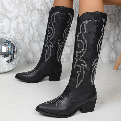 Winter Boots Women Western Style Block Heel Embroidery Detail