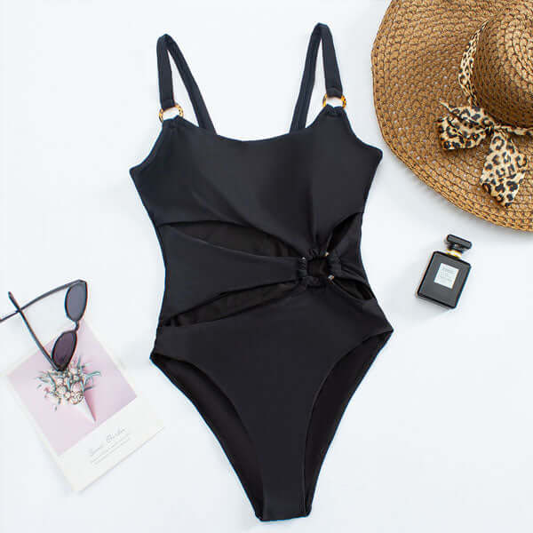 Swimsuit Women Straight Neck Cut Out Front Rings Detail