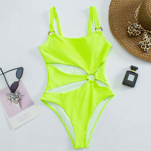 Swimsuit Women Straight Neck Cut Out Front Rings Detail