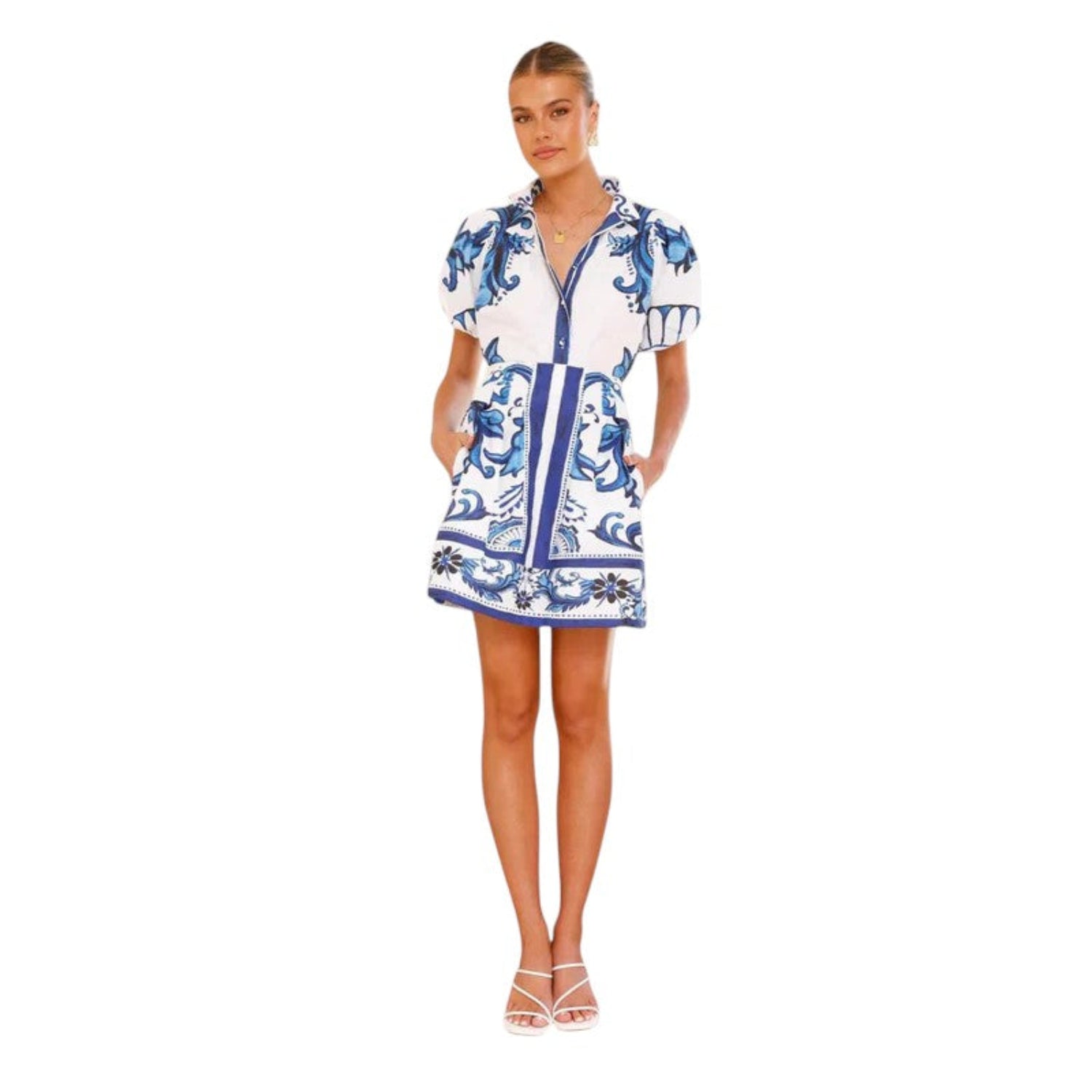 Women’s A-line linen blend dress – mini length with puff sleeves, buttons and pockets