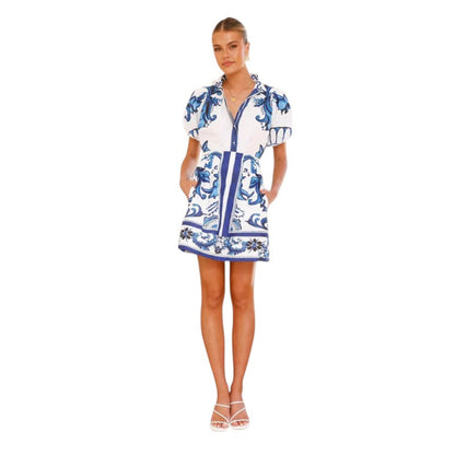 Women’s A-line linen blend dress – mini length with puff sleeves, buttons and pockets