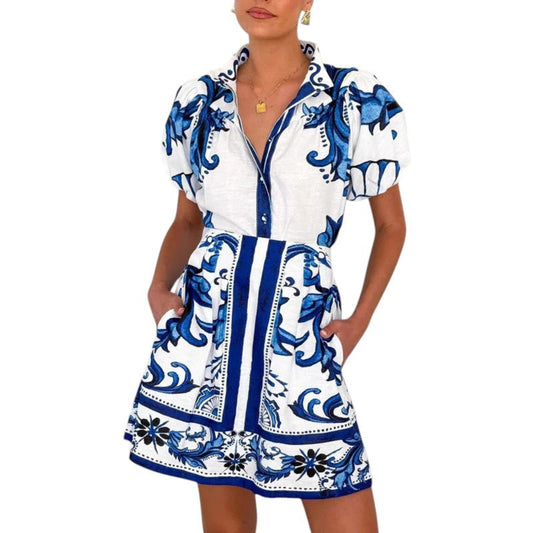 Women’s A-line linen blend dress – mini length with puff sleeves, buttons and pockets